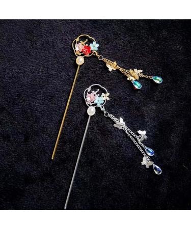 Retro Flower Hair Stick - Chinese Hanfu Style Hairpin with Pearl Tassel and Crystal Bead - Gold Hair Accessories - Buy Online on GoSupps.com