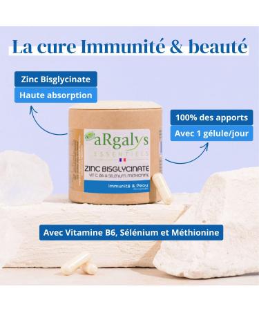 Zinc Bisglycinate + Vitamin B6 - 100% AR per day - High Absorption - Food Supplement Immunity Skin Hair Acne - Cure 2 Months 60 Vegetable Capsules - Made in France Argalys - Buy Online on GoSupps.com