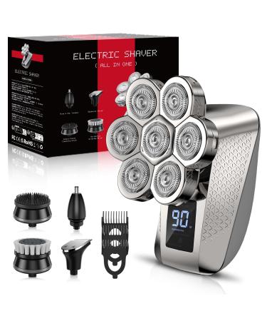 PEACEONE Head Shavers for Bald Men IPX7 Waterproof Shaver 7D Rechargeable Rotary Shaver 5 in 1 Grooming Kit for Men Wet/Dry Shaver Hair Trimmer with LED Display USB Charging Storage Bag-Silver
