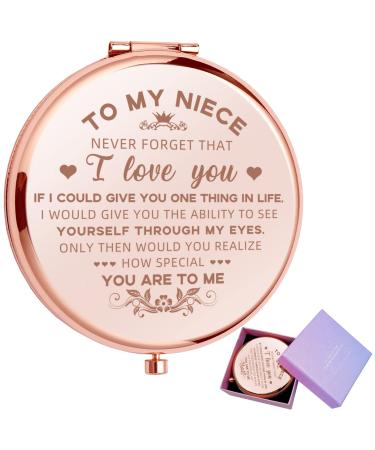 JCHCAMRY to My Niece Travel Pocket Cosmetic Engraved Compact Makeup Mirror with Gift Box Birthday Gift from Aunt and Uncle to Niece Graduation Wedding Anniversary Christmas(Rose Gold)