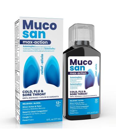Mucosan Max-Action Cold & Flu Relief Maximum Strength Medicine - Fever Sore Throat Chest Congestion & Cough Suppressant Expectorant FSA Eligible - 6 fl oz (177 mL) 1-Pack