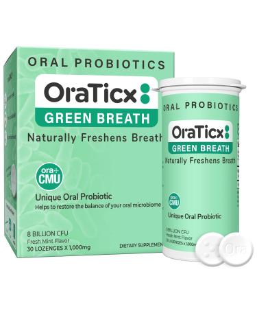 OraTicx Oral Probiotics Green Breath, Freshen Bad Breath, Dental Probiotic Supplement for Oral Health, 8 Billion CFU, Adult, Mint Flavor 30 Lozenges x1PK