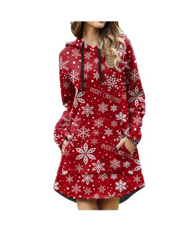 Women's Christmas sweater dress hoodie costume cartoon bag Christmas elk sweatshirt dress Christmas dress oversize long -sleeved blouse dresses Christmas dresses autumn winter red xl