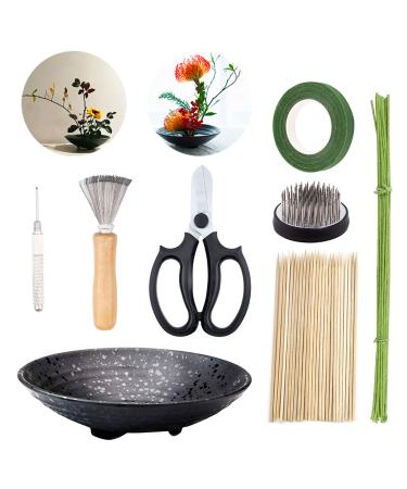 WANDIC Flower Arrangement Kit  Set of 51  Round Flower Holders  Ceramic Flower Pot  Kenzan Needle Cleaning Pin & Rake  Floral Stems and Floral Tape for Flower Arranging Art Flower Arranging Kit