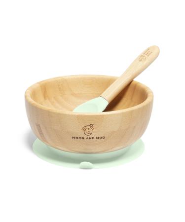 Moon and Moo Bamboo Suction Bowl and Spoon Set for Kids Toddlers and Baby Weaning - Non-Toxic Plastic Free - Stay Put - Baby Suction Bowl - Baby Weaning Set Green