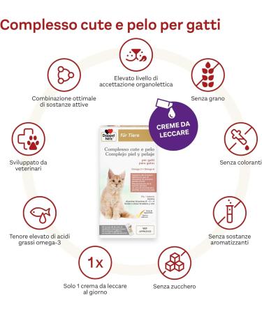 Doppelherz Cute and Hair Complex for Cats Support for Dermal Function in Case of Dermatosis and Excessive Hair Loss Omega-3+6 Biotin Vitamins B+E+A 25 Lick Creams - Buy Online on GoSupps.com