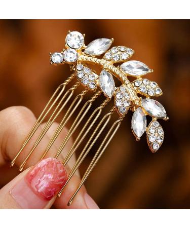 Foyte Crystal Bride Wedding Hair Comb Leaf Bridal Headpieces Rhinestone Hair Pieces Bridesmaid Side Combs Hair Accessories for Women and Girls (gold leaf)