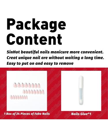 French Tips Press On Nails - Short Almond Fake Nails with Glossy Silver Edge Design - Stiletto Glue on Nails - Full Cover Acrylic Nails - 24Pcs Set with 1 Glue - Buy Online on GoSupps.com