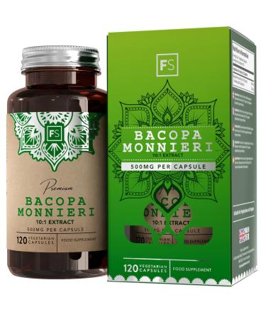 FS Bacopa Monnieri | 120 Brahmi Capsules - 500mg Bacopa Per Serving | Vegan Brahmi Powder Bacopa Monnieri Capsules | Non-GMO Gluten & Allergen Free | Manufactured in The UK