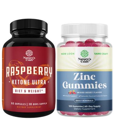Bundle of Raspberry Ketones Green Tea Extract & African Mango Blend and Extra Strength Zinc Gummies for Adults - Potent Ingredients to Speed Up Weight Loss Gluten and Gelatin Free