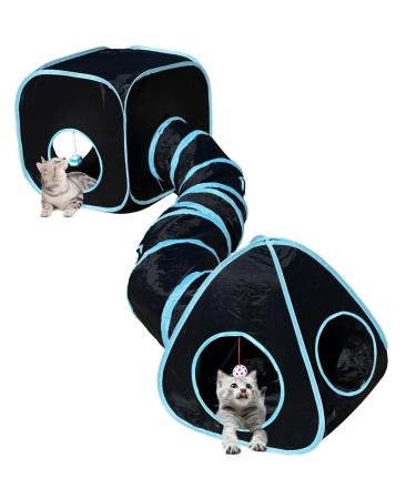 Cat Tunnels for Indoor Cats with Cube Tent Toys Combo, Pop Up Collapsible Crinkle Interactive Peek Hole, Cat Tube with Play Ball and Bell for Kitten, Puppy, Kitty, Rabbit Black