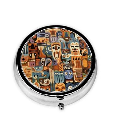 Abstract Art Animals Portable Metal Pill Box Round Mini 3-Compartment Plastic Insert hinged Fastening Design Suitable for Small Pills Must-Have for Travel Black