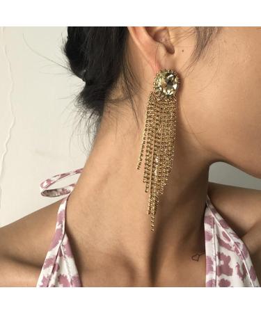 Xerling Gold Rhinestones Fringe Chain Tassel Earrings | Boho Chandelier Dangle Drop Earrings for Women & Girls - Bridal & Prom Jewelry - Buy Online on GoSupps.com