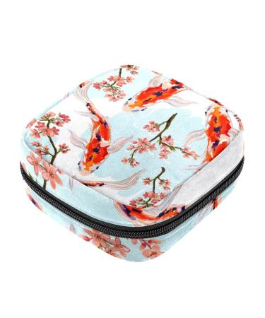 Menstruation pad bag with zipper women's napkin bag tampons collecting bags for women and girls (tropical Japanese flowers koi fish)