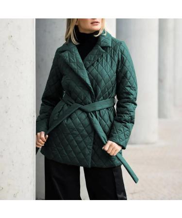 Women's Lightweight Diamond Quilted Jacket Coat with Tie Waist Belt Lapel Button Fall Winter Outerwear Pockets Green#6 Large - Buy Online on GoSupps.com