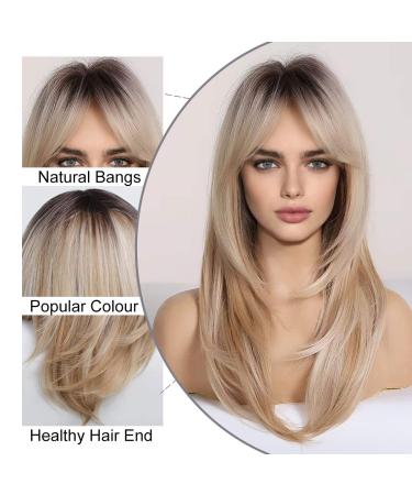 HAIRCUBE Ombre Blonde Shoulder Length Wig with Bangs | Synthetic Layered Wigs for Daily Party | Dark Roots | 24IN - Buy Online on GoSupps.com