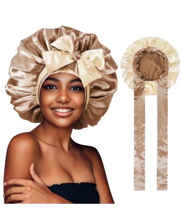 WEIPAO Silk Satin Bonnet - Silk Hair Wrap for Sleeping Satin Bonnet for Curly Hair Sleep Cap Large Double Sided Reversible Hair Bonnet with Tie Band One Size Coffee + Champagne