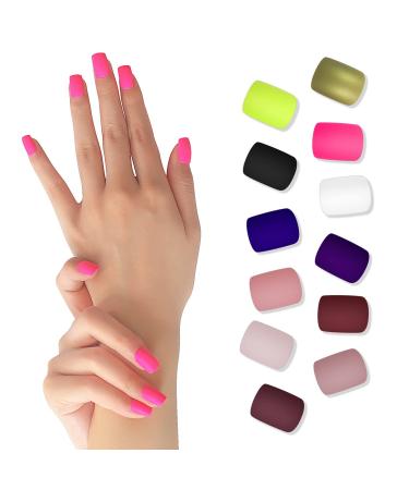 12 Packs 240pcs Square Matte Press On Nails Professional Solid Color Fake Nails Supplies Multicolor Square Squoval Acrylic Nails for Daily MIX 12packs square