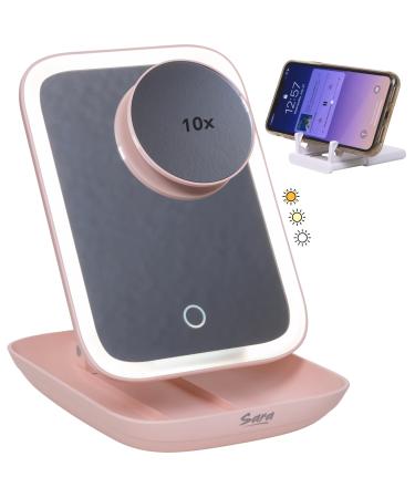 SARA Travel Magnifying Makeup Mirror With Light Rose - 3 Color Rechargeable Dimming LED  Mini 10X Magnified  Pocket Phone Holder Stand  Bag  Compact Vanity Make up Storage  Bedroom/Hotel/Cruise/Office