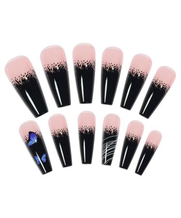 Justotry 24-Piece Black French Coffin Nails with Butterfly Designs - Press-On Ballerina Nails for Women - Buy Online on GoSupps.com