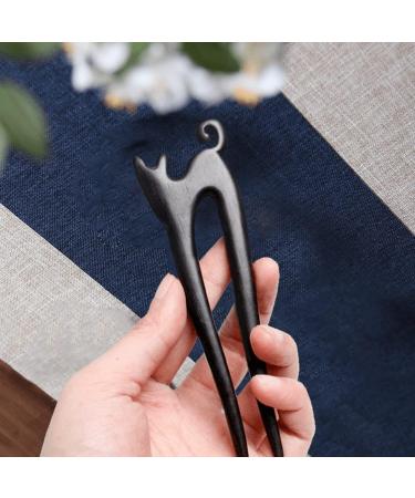 Wooden Hair Stick Cat Shape Hair Fork U Shaped Chignon Vintage Hair Holder Chinese Style Hair Stick for Girls Women style3 - Buy Online on GoSupps.com