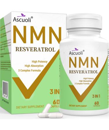 99% Ultra Purity NMN 500mg + Trans-Resveratrol 600mg 1150mg NMN Resveratrol Supplement 3-in-1 Advanced Formula for Boost* NAD Cell Immune Energy & Muscle Healthy Aging Stabilized Form - 60 Caps 60 Count (Pack of 1) C