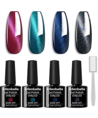 Allenbelle Gel Nail Polishes-Cat Eye Gel Nail Polish Set Soak Off Magnetic Gel Nail Polish UV LED Required(Lot of 4pcs 7.3ML/pc magnet as gift)007 4MY-007