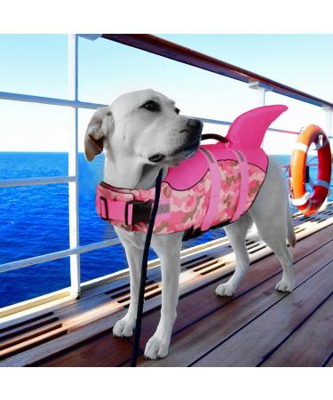 Queenmore XL Dog Life Jacket - Adjustable Ripstop Buoyancy Vest for Medium Dogs | Durable Rescue Handle - Pink Camo Shark Design - Buy Online on GoSupps.com