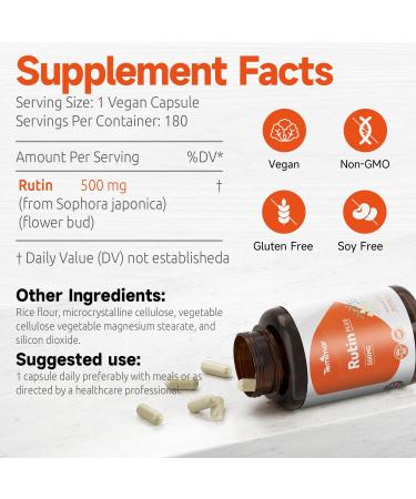 Temimar Rutin 500mg Supplement, Flavonoids Supplements from Sophora Japonica, Supports Vascular Health & Antioxidents, Non-GMO, Gluten-Free, Made in USA, 180 Vegan Capsules - Buy Online on GoSupps.com