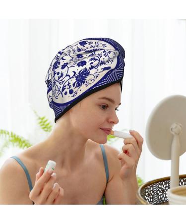 Blue & White Porcelain Microfiber Hair Towel - Soft Super Absorbent Quick Dry Wrap for Women | Ideal for Long Curly & Thick Hair - Buy Online on GoSupps.com