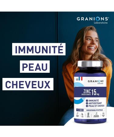 ZINC - GRANIONS - Zinc Bisglycinate 15 mg - Zinc Dietary Supplement - 2 Month Format - Zinc Biglycinate - Immunity Acne Face - Optimal Bioavailability - 60 Capsules - Buy Online on GoSupps.com