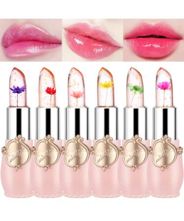 Flower Lip Gloss Crystal Jelly Lipstick 6 Packs Long Lasting Nutritious Lip Balm Lips Moisturizer Magic Temperature Color Change Lipgloss (pink)