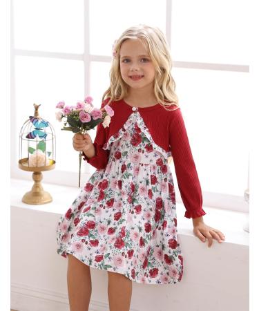Puseky Toddler Girl 2-Piece Floral Dress & Ribbed Cardigan Set, 5-6 Years, Wine Red - Buy Online on GoSupps.com