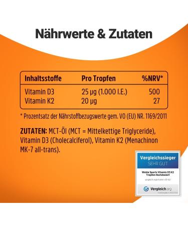 Vitamin D3 K2 Drops 1000 IE - High Dose 50ml | Laboratory Tested High Bioavailability | Wehle Sports  - Buy Online on GoSupps.com