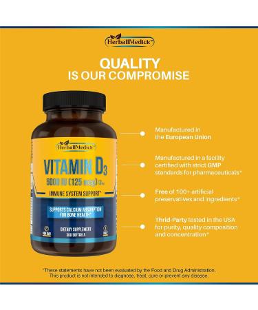 HerballMedick D3 Vitamin 5000 IU Liquid Softgel Capsules - 360 ct | Immunity & Mood Support, Bone Health, Energy Booster - Buy Online on GoSupps.com