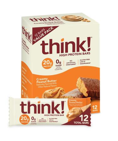 Think! Protein Bars, High Protein Snacks, Gluten Free, Sugar Free Energy Bar with Whey Protein Isolate, Creamy Peanut Butter, Nutrition Bars without Artificial Sweeteners, 2.1 Oz (12 Count) Creamy Peanut Butter 12 Count