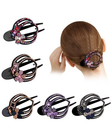JOYFISCO 5PCS Ponytail Hair Clips Heart Shaped Duckbill Hair Clips with Flower Rhinestone Sparkly Diamond Long Hair Clips Prom Hair Accessories Gifts for Women Girls