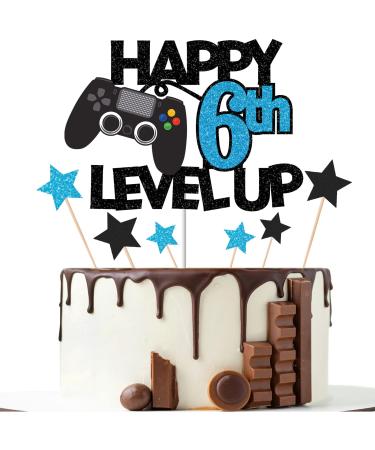 Gidobo 6th Birthday Cake Toppers Black Blue Glittery Cake Decorations with Controllers Themed Six Years Old Level Up Video Game Birthday Party Supplies for Boys Blue-6th