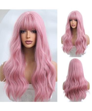 Oefei 24 inches Long wavy pink wig for women natural synthetic hair heat -resistant wigs for daily party cosplay