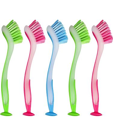5 Pieces Dishwashing Brush with Suction Cup Long Handle Cleaning Brush Multipurpose Scrub Tool for Kitchen Toilet Garden - Blue/Green/Pink