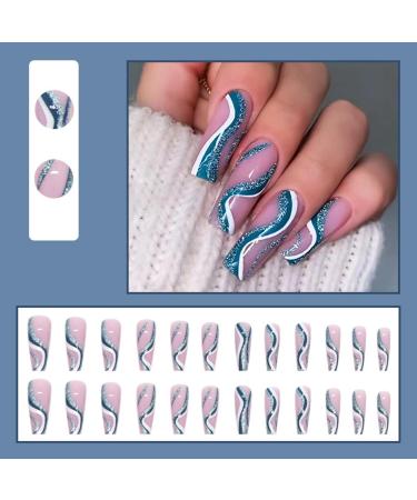 Justotry 24-Piece Royal Blue Glitter Swirl Ballerina Press-On Nails | Stunning Medium Artificial Fingernails for Women - Buy Online on GoSupps.com