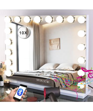 Fenair Bluetooth Vanity Mirror with Lights, 28"X23" Large Lighted Hollywood Makeup Mirror with Bluetooth Speaker 18 Brightness Adjustable Bulbs 3 Color Mode Sturdy Metal Framed Mirror for Table/Wall 28x22inch Bluetooth