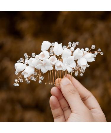 Sooshin Porcelain Flower Bridal Hair Comb with Pearl and Crystal Accents - Gold Wedding Headpiece for Bride and Bridesmaids - Buy Online on GoSupps.com