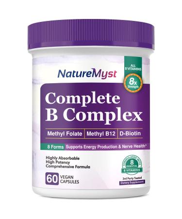 NatureMyst Complete B Complex All 8 B Vitamins with Methyl B12 Methyl Folate Biotin P-5-P Niacin Highly Absorbable High Potency Well-Rounded Energy Production Nerve Health 60 Vegan Caps