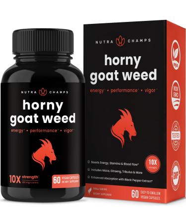 Horny Goat Weed for Men & Women | 1000mg Epimedium Energy Supplement | 10X Strength Icariin | Ginseng, Tribulus & Maca Pills for Women & Men | Enhanced Absorption with Black Pepper | 60 Vegan Capsules