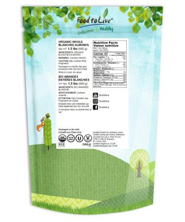 Organic Blanched Whole Almonds 1.5lbs - Non-GMO, Raw, Unsalted | Keto, Paleo, Kosher | High Protein, Fiber & Nutrients | 1.5lb Pack - Buy Online on GoSupps.com
