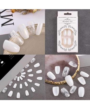 Sethexy Medium White Ballerina Sparkle False Nails - 24 Glossy Coffin Acrylic Nail Tips with Glue for Women & Girls - Buy Online on GoSupps.com
