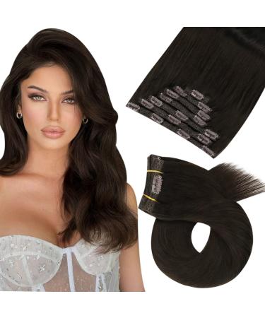 Moresoo Clip in Hair Extensions Real Human Hair Darkest Brown Human Hair Extensions Clip in Real Hair 16 Inch Clip in Human Hair Extensions 7 Pieces/120g #2 40 cm #2