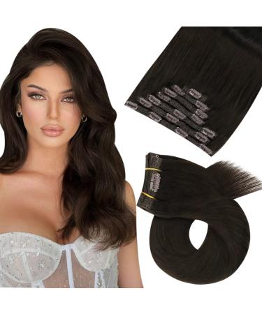 Moresoo Human Hair Extensions Clip in 18 Inch Brown Clip in Hair Extensions Darkest Brown Real Hair Clip in Hair Extensions 7 Pieces/120g #2 45 cm #2