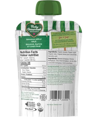 Baby Gourmet Organic Puree Baby Food Pouches - Banana Apple Kale - No Added Sugar Or Salt Non GMO No Fillers Gluten Free Kosher - (128ml) 12 Pack - Buy Online on GoSupps.com